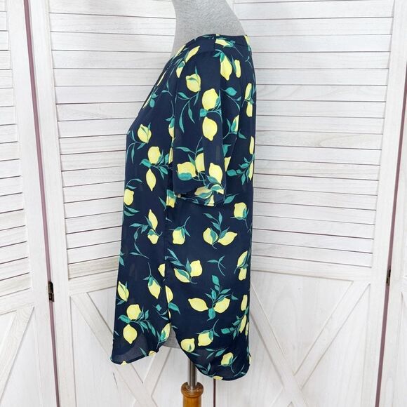 Banana Republic Lemons Print Short Sleeve Chiffon Popover Blouse Shirt Blue XS - Picture 2 of 12